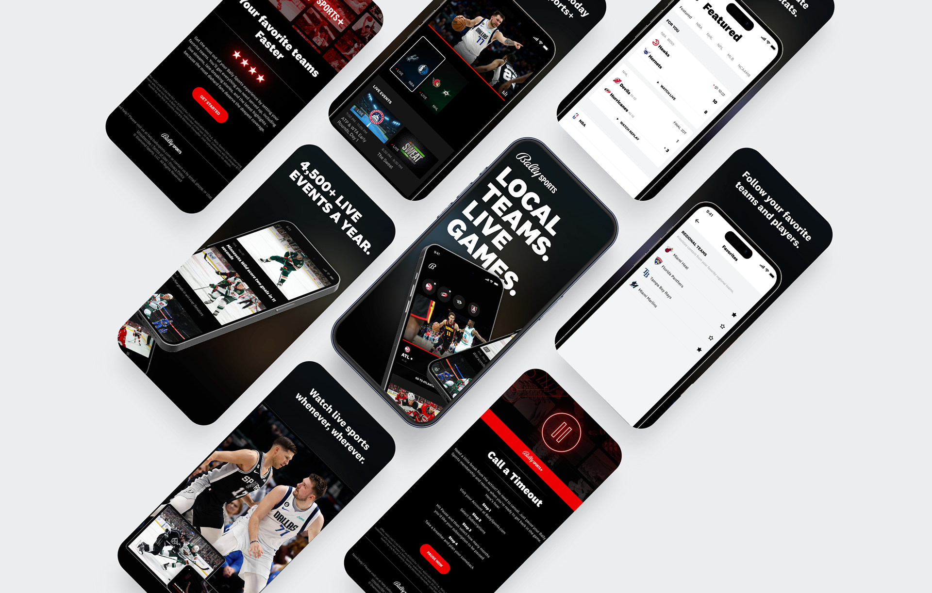 Bally Sports+ mobile app campaign screens — product and marketing placements
