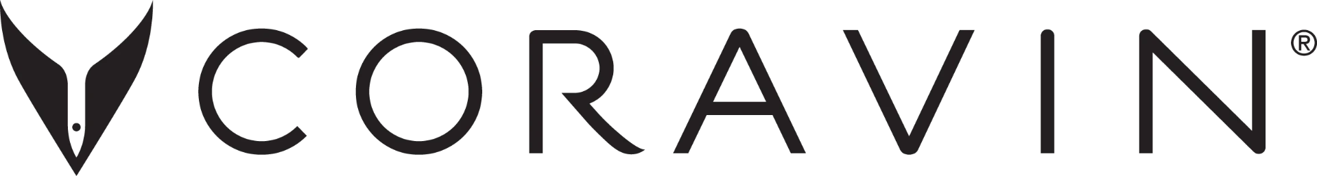 Coravin primary horizontal lockup — falcon-and-needle mark beside the CORAVIN wordmark in near-black