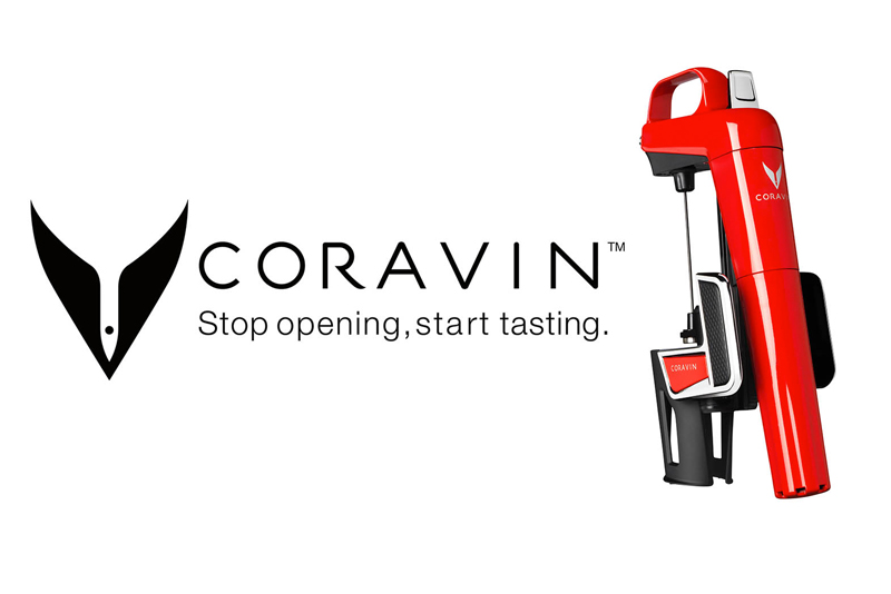Coravin mark and wordmark with the line Stop opening, start tasting, beside the red Model Two