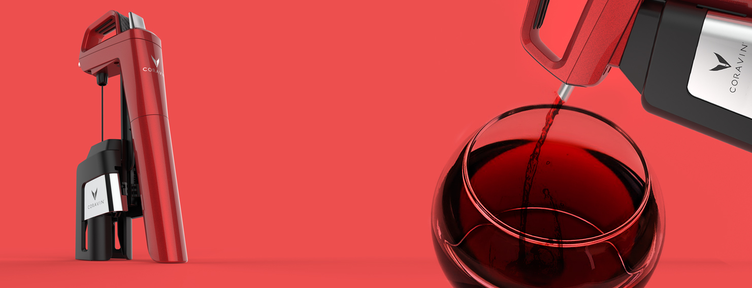 Coravin Model Two in red on a crimson field, pouring wine into a glass decanter