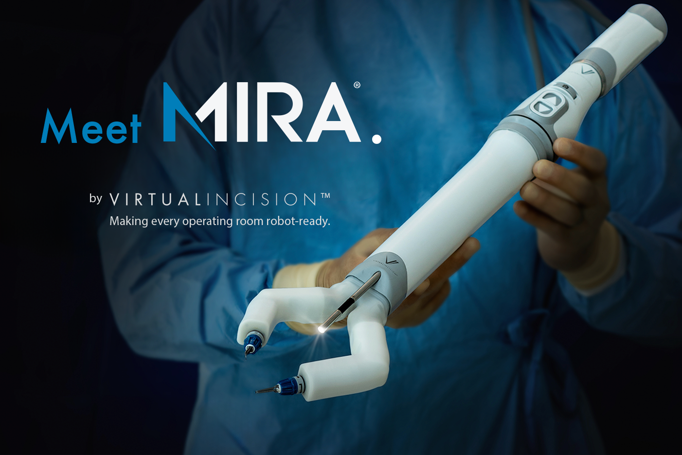 Meet MIRA — the miniaturized surgical robot over an operating table with surgical lights in a darkened OR