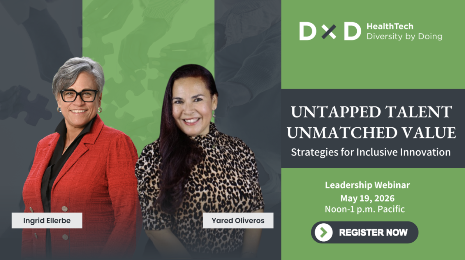 Social graphic for the Untapped Talent, Unmatched Value leadership webinar with two speaker portraits