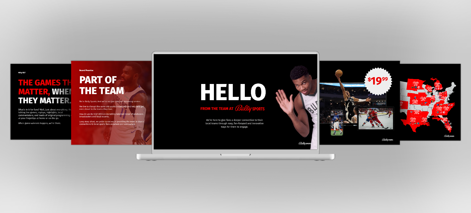 Bally Sports+ brand promise and campaign presentation slides — Hello from Bally Sports