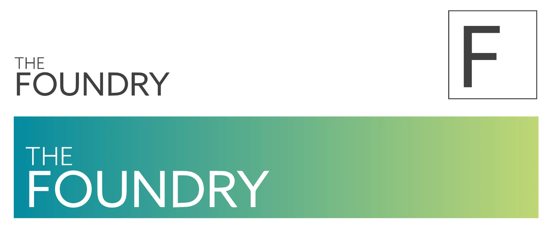 The Foundry wordmark and F icon lockup, plus the logo on a teal-to-lime gradient banner