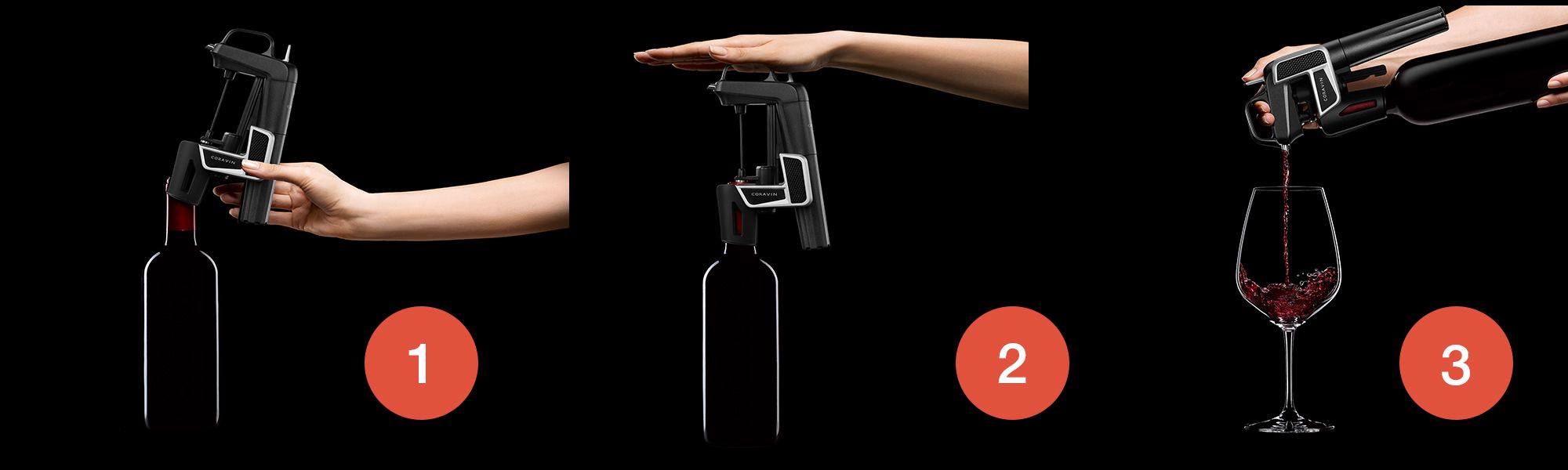 Three numbered frames on black showing insert, clamp, and pour with the Coravin device