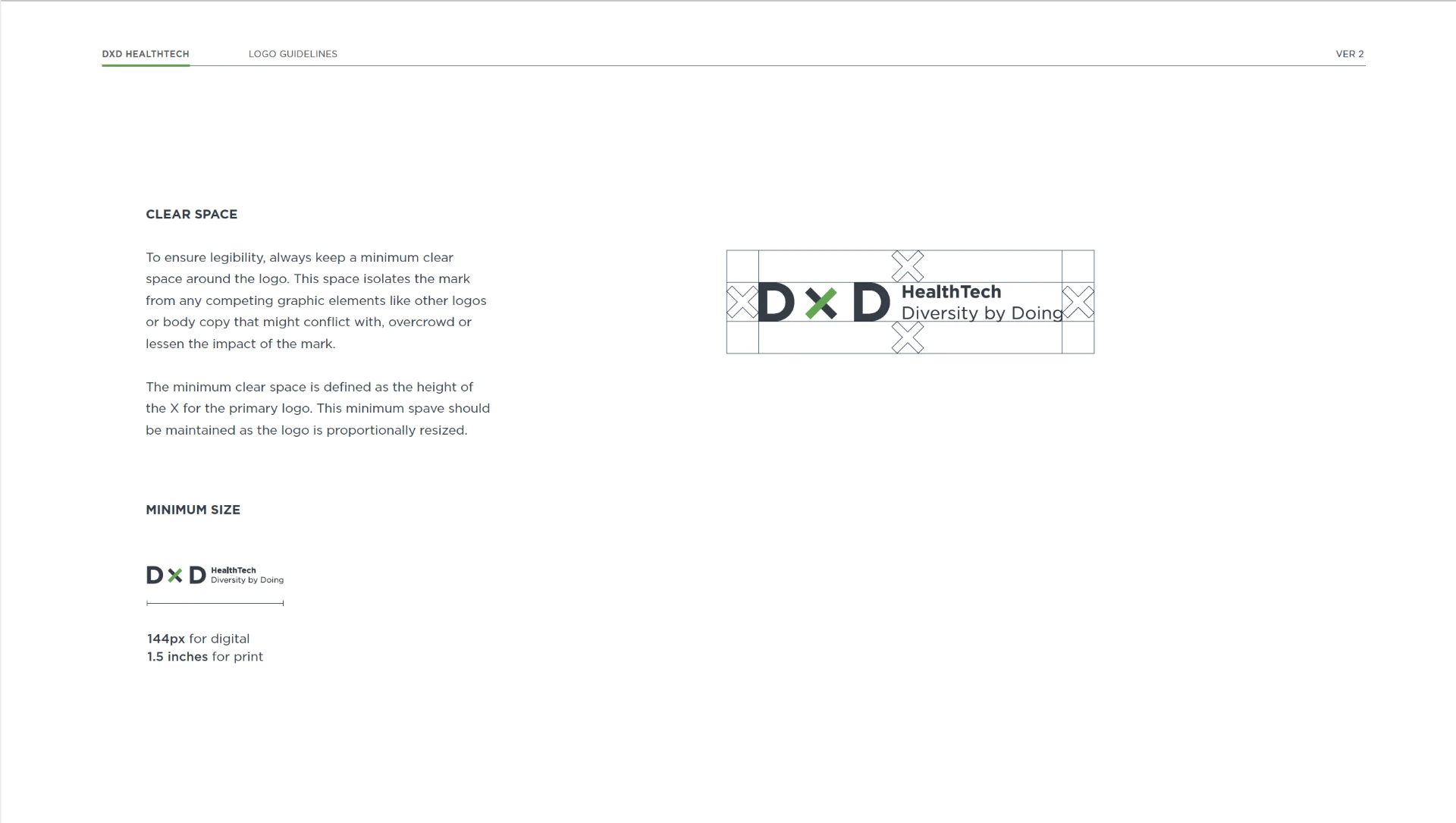 Logo guidelines page showing clear space defined by the height of the X and minimum size specifications