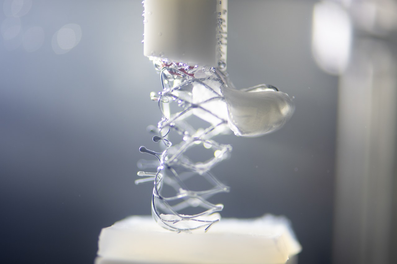 Macro photograph of a braided implant device in the lab