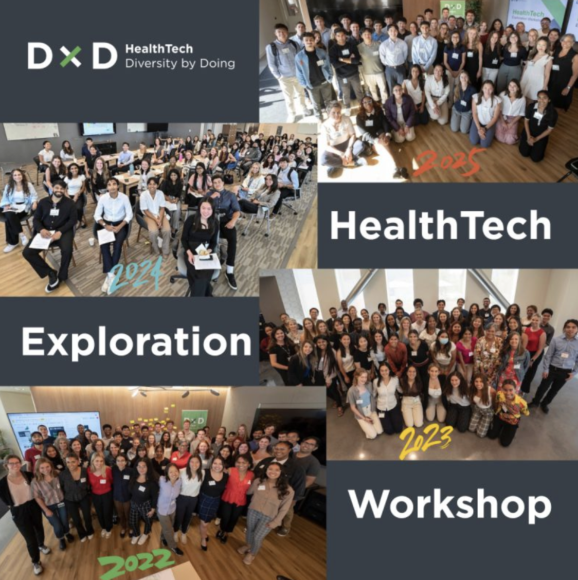 Square social collage of HealthTech Exploration Workshop group photos from 2022 through 2025
