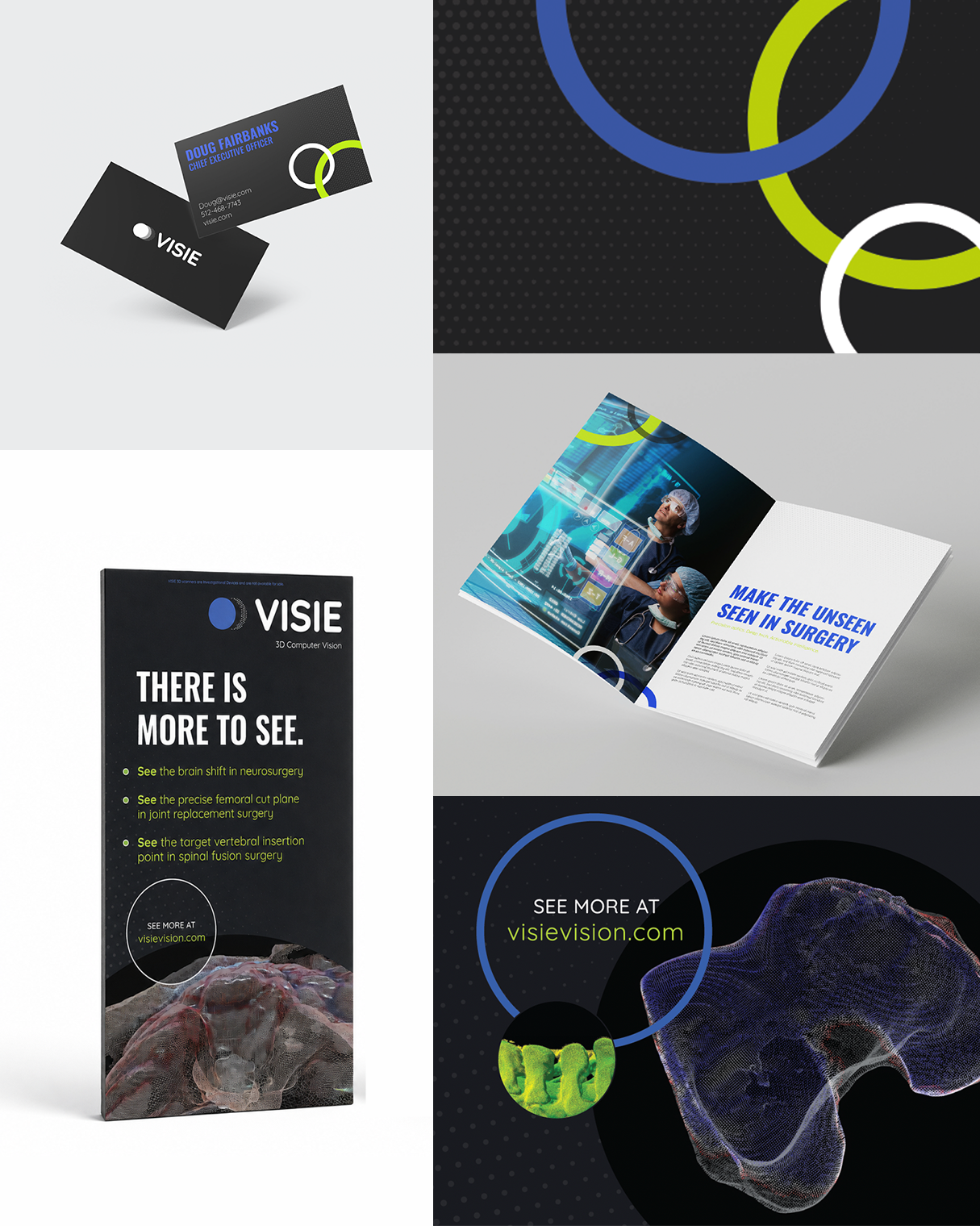 VISIE visual language system — business cards, patterns, editorial layouts, and 3D spatial compositions