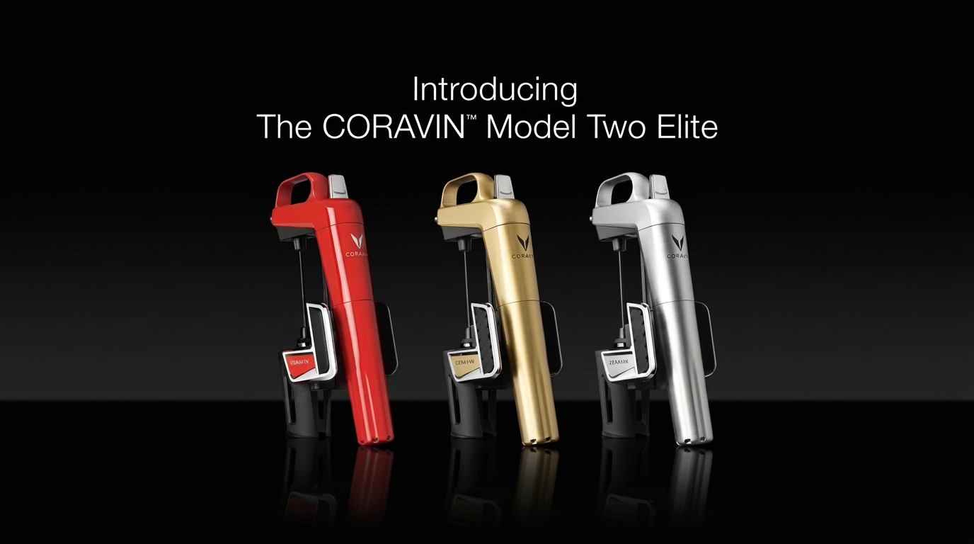 Introducing the Coravin Model Two Elite — red, gold, and silver finishes lined up on black