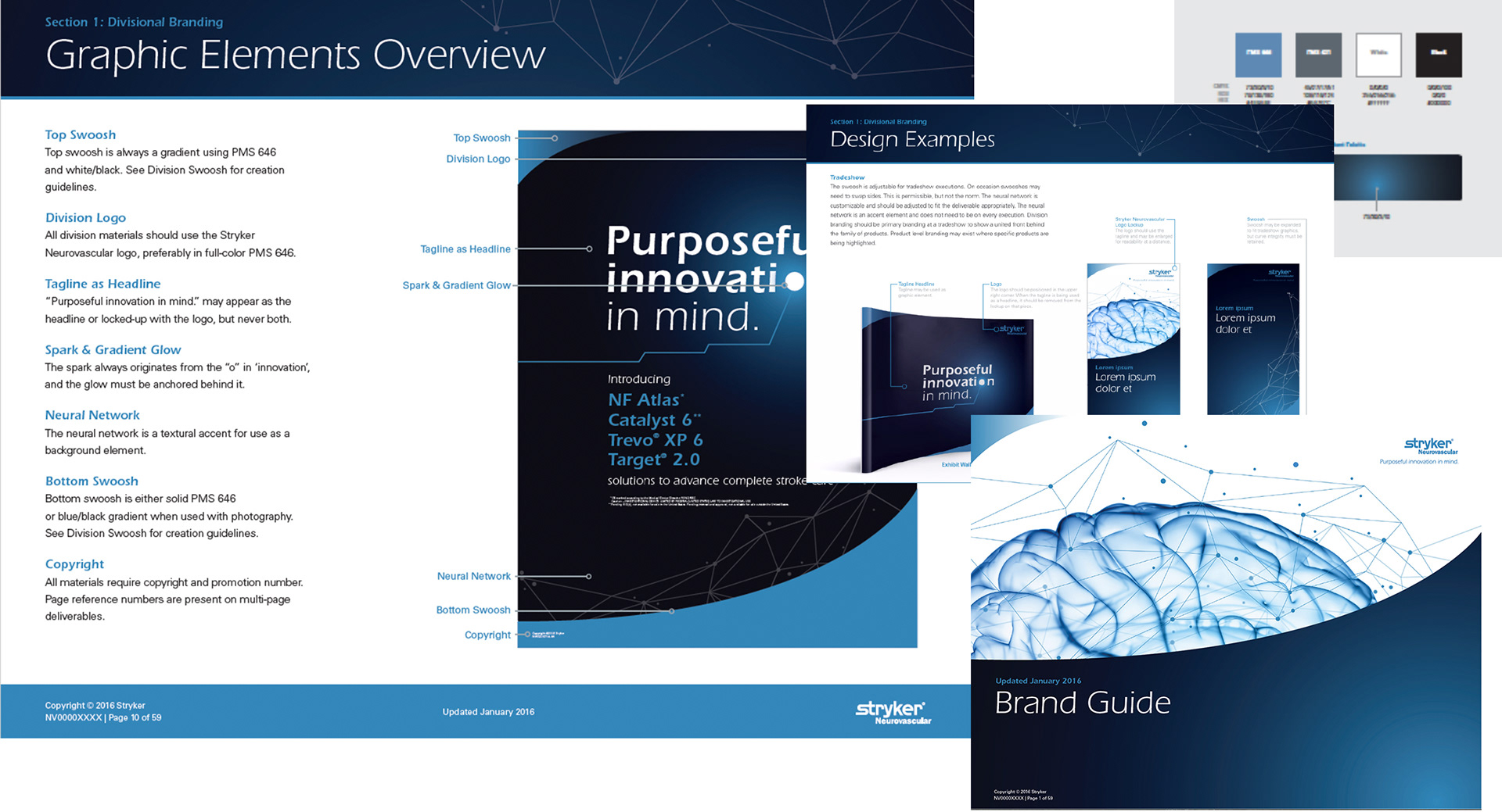 Stryker Neurovascular brand guidelines overview showing logo, tagline, swoosh, neural network, and design examples