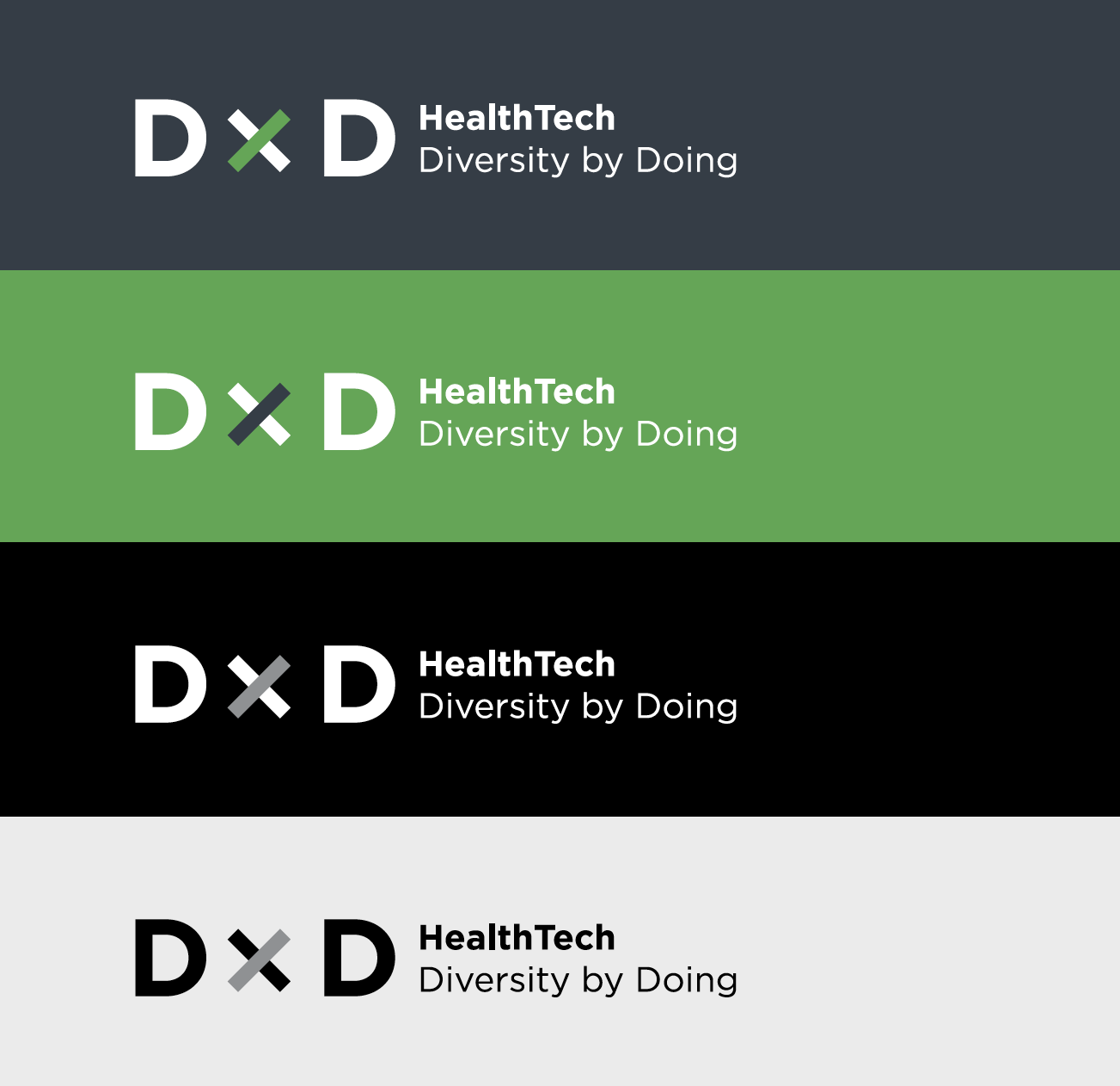 The DxD HealthTech logo shown on deep grey, bright green, black, and light grey backgrounds