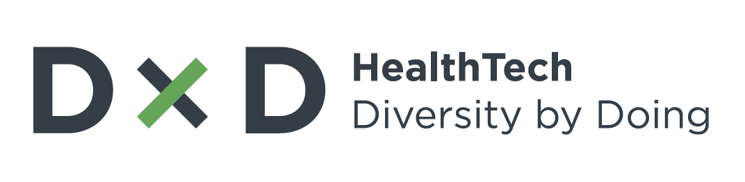 DxD HealthTech primary logo: two deep grey D's joined by a green multiplication X beside the wordmark Diversity by Doing