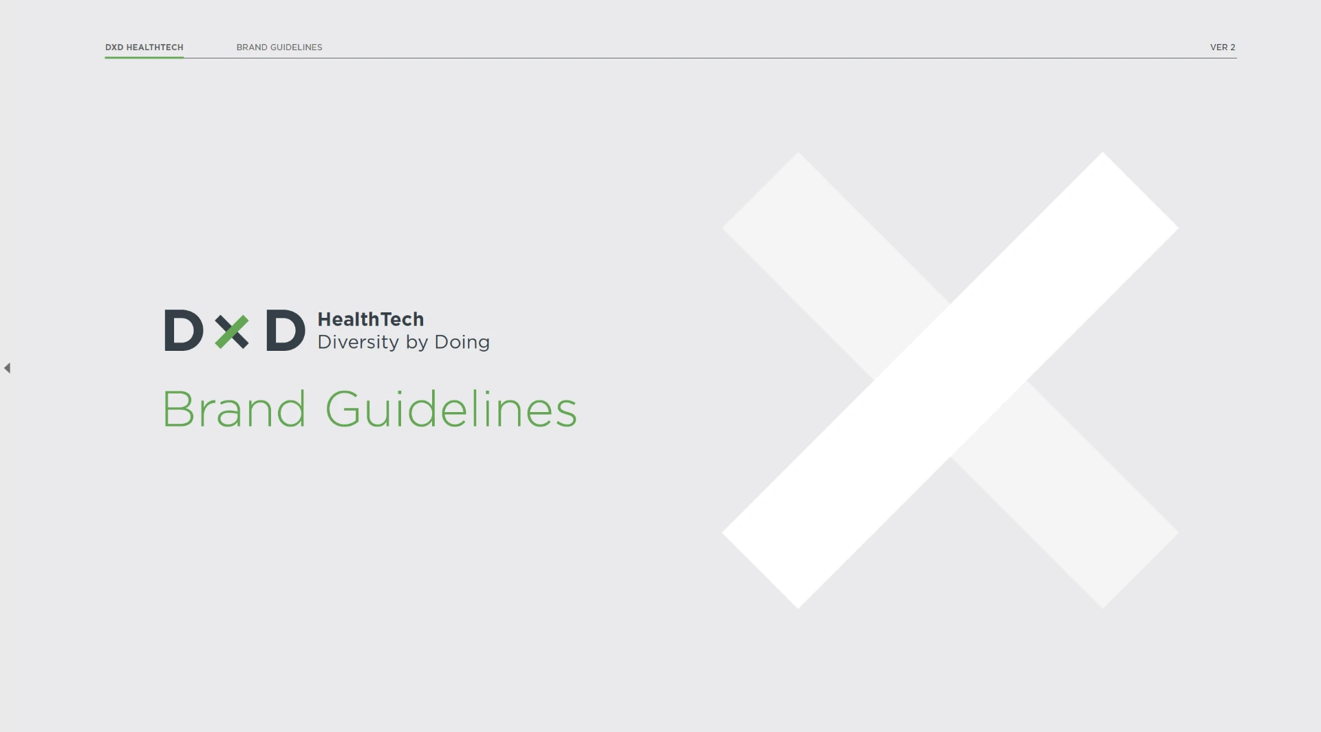 DxD HealthTech brand guidelines cover page with the logo and a large ghosted X
