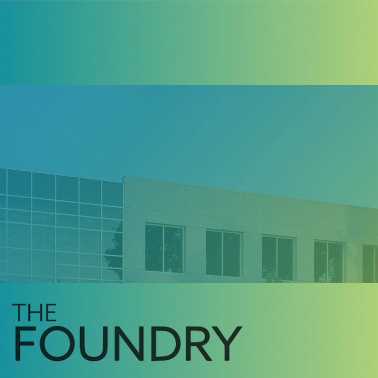 The Foundry building exterior with the wordmark on a teal-to-lime gradient
