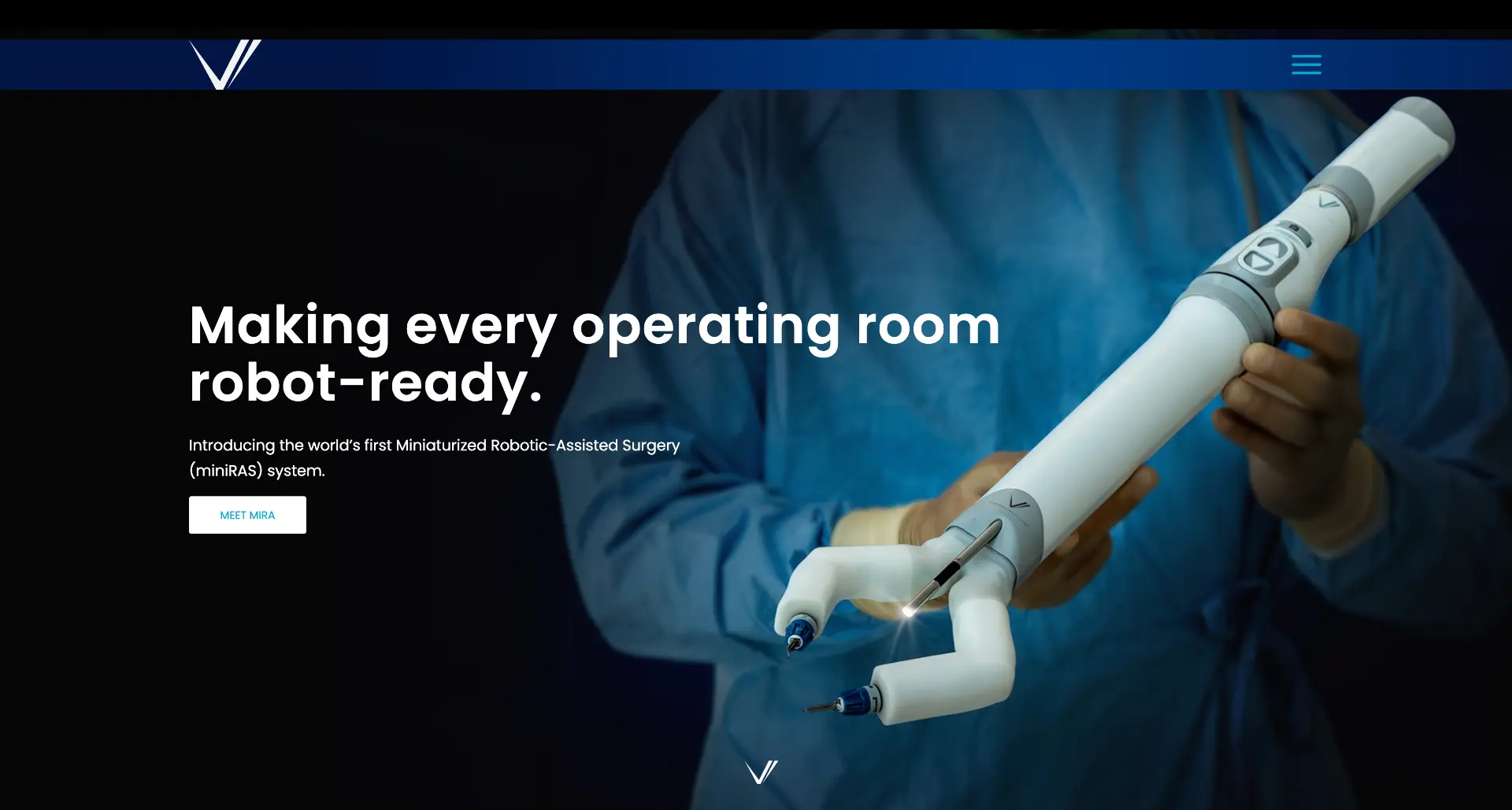 MIRA website homepage hero with a surgeon holding the two-pound robot