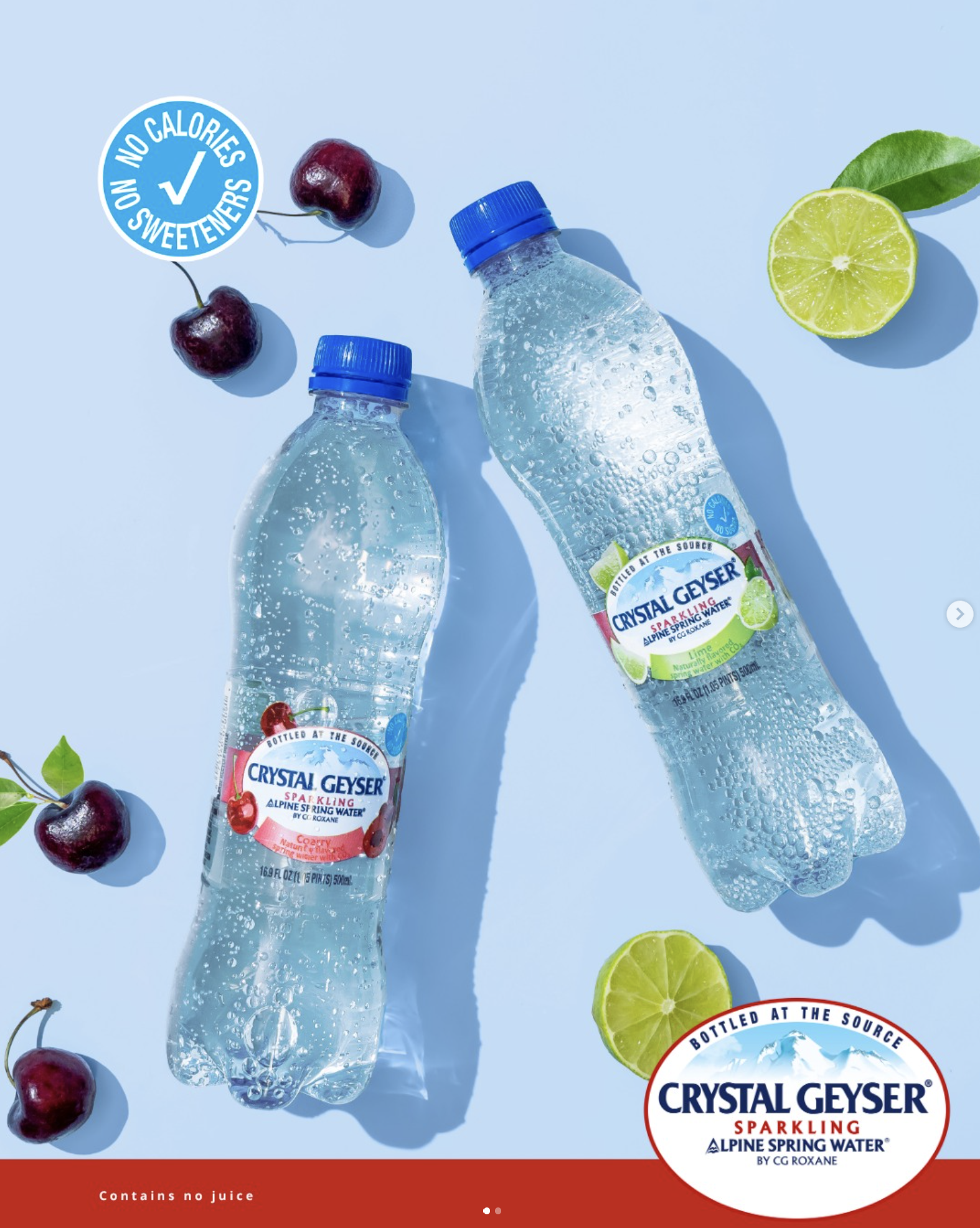 Crystal Geyser Sparkling — cherry and lime flat-lay social