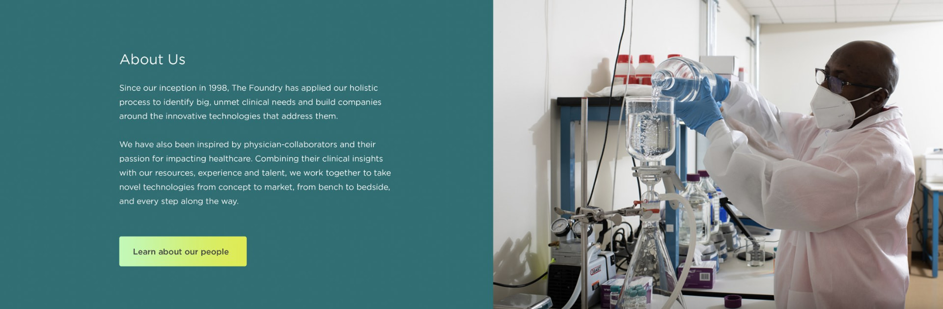 About Us split layout: teal panel of copy beside a scientist filtering solution in the lab