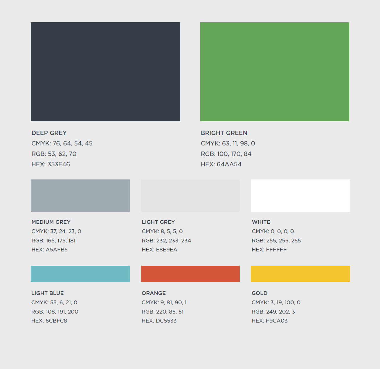 Brand colour palette: deep grey and bright green primaries with grey, light blue, orange, and gold accents