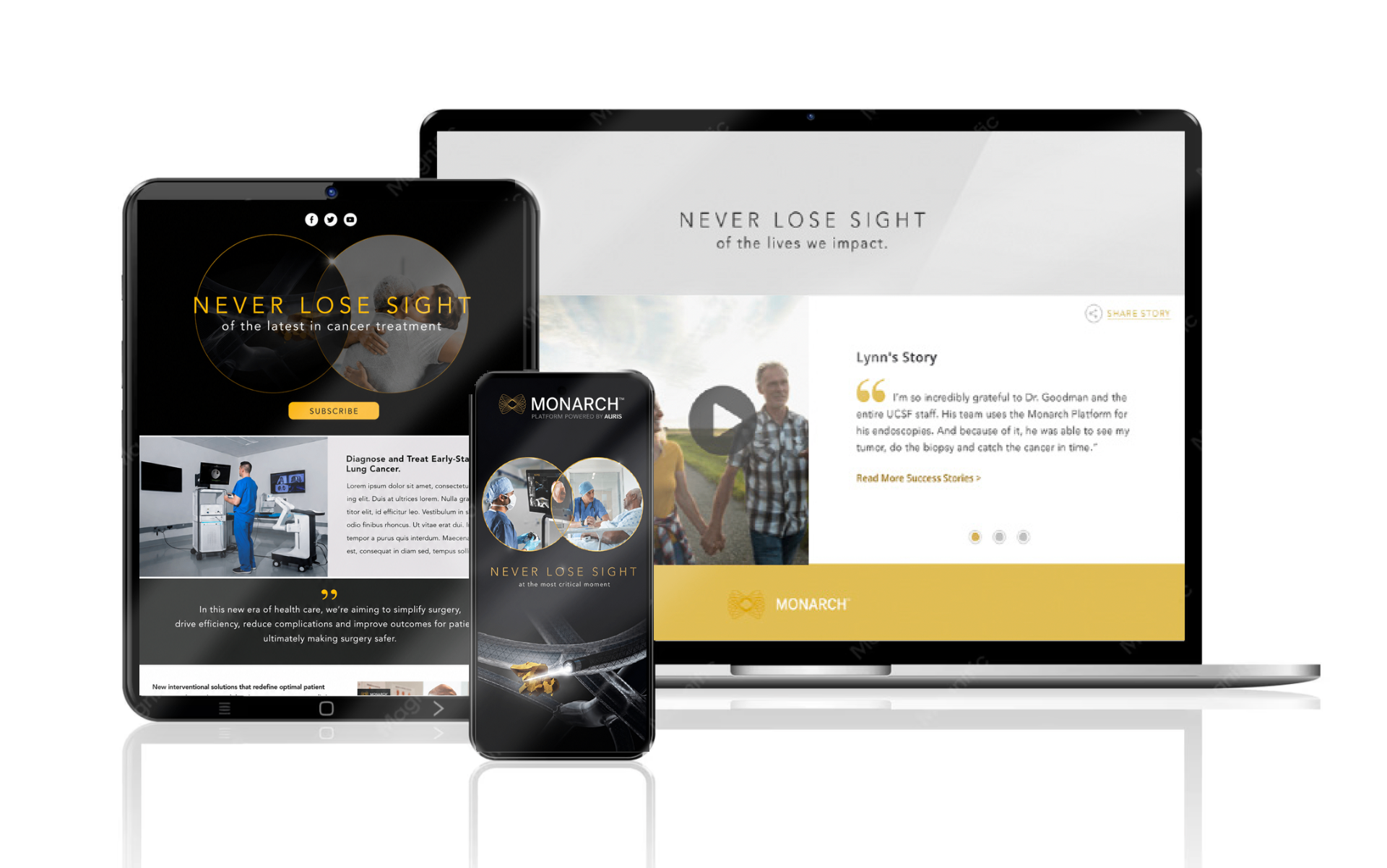 Monarch 'Never Lose Sight' integrated campaign across laptop, tablet, and smartphone