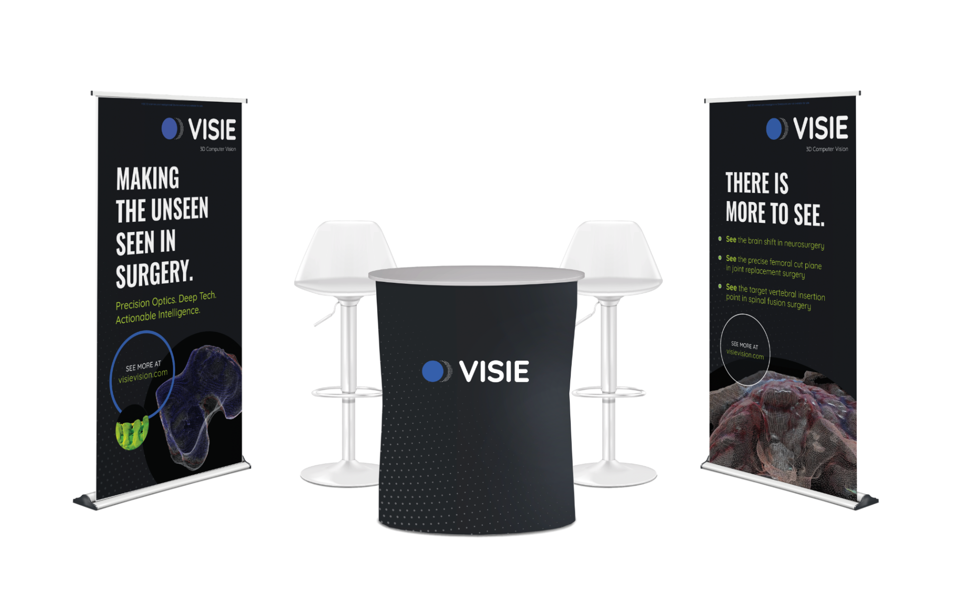 VISIE environmental signage — conference booth, pull-up banners, and branded table